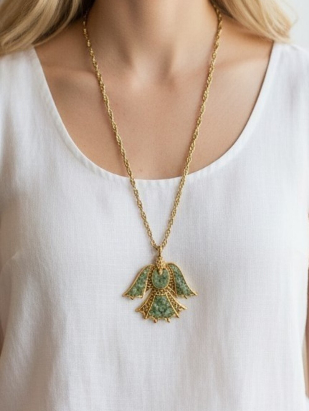 Gold-Tone Necklace with Green Enamel Bird Pendant